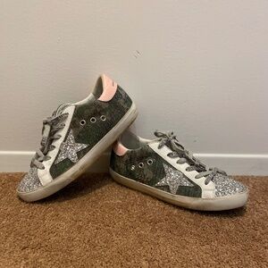 Golden Goose Superstar Sneaker Green Camo /Silver Glitter / Pink / size 36